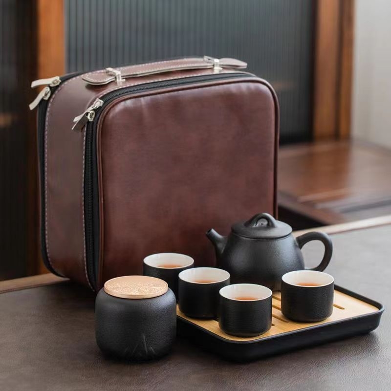 Set de ceai în stil japonez, din ceramică neagră, ceainic cu mâner, tavă pentru infuzie uscată și husă portabilă – pentru casă, birou și călătorii