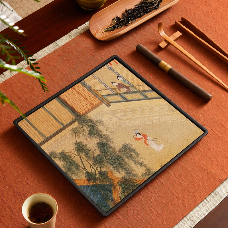 Tavă pătrată pentru infuzie uscată în stil chinezesc nou, design retro național, suprafață absorbantă pentru apă, suport pentru ceainic, set Kung Fu de ceai și masă de ceai