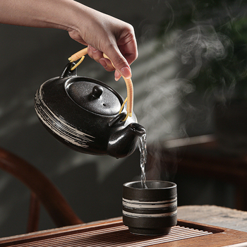 Set ceai ceramic în stil japonez retro, cu ceainic și cești, mânere din bambus, portabil, pentru apă rece