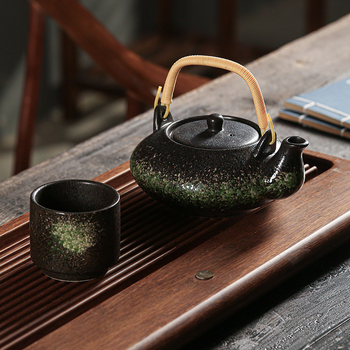 Set ceai ceramic în stil japonez retro, cu ceainic și cești, mânere din bambus, portabil, pentru apă rece