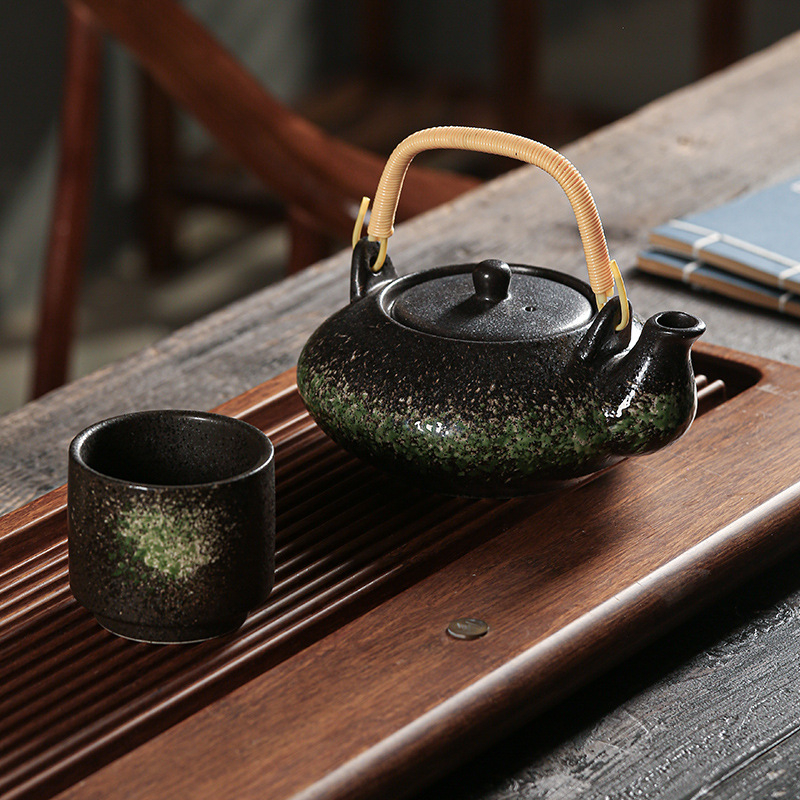 Set ceai ceramic în stil japonez retro, cu ceainic și cești, mânere din bambus, portabil, pentru apă rece