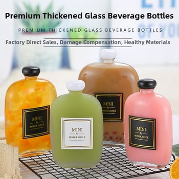 Sklenená fľaša na nápoje – šťavy, vína a kávy; priehľadný alebo matný povrch; objem 100–500 ml; uzávery z dreva, hliníka, korku alebo polyméru