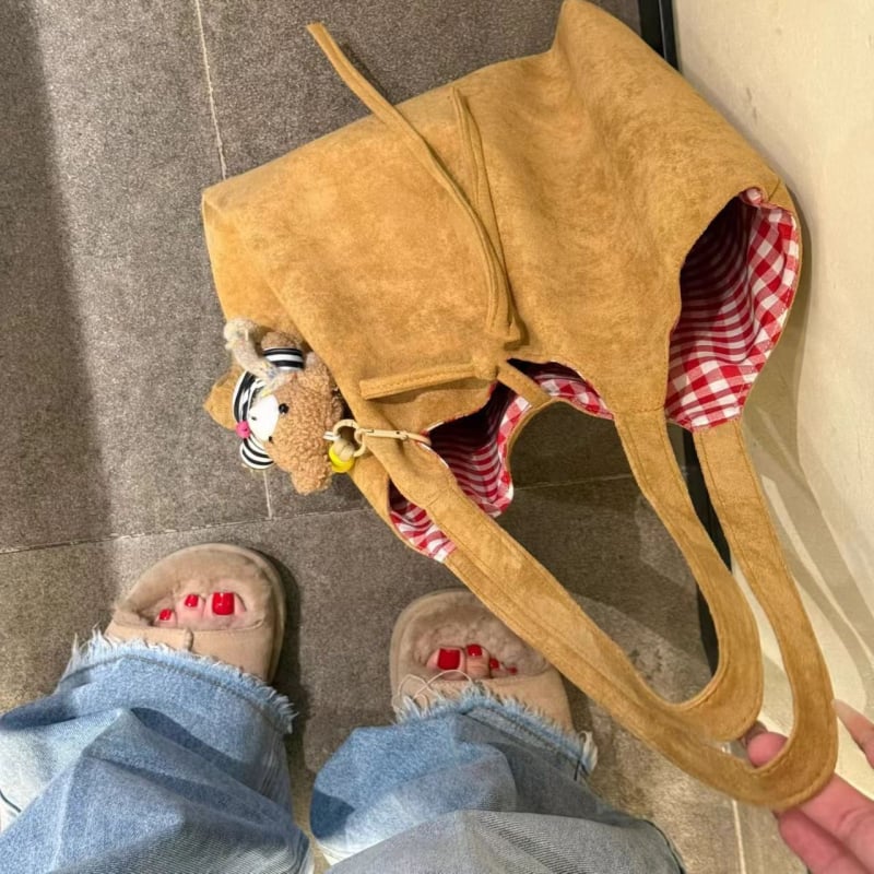 Ženska torba preko ramena od suede materijala s dvostrukim kariranim uzorkom i velikim kapacitetom – svakodnevna i putna torba