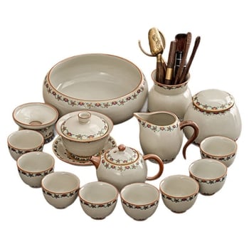 Set ceai ceramic Ru Kiln, model nou 2025, lux ușor retro pentru casă și birou, set complet pentru ceremonia ceaiului într-o cutie cadou, pentru 6–10 persoane
