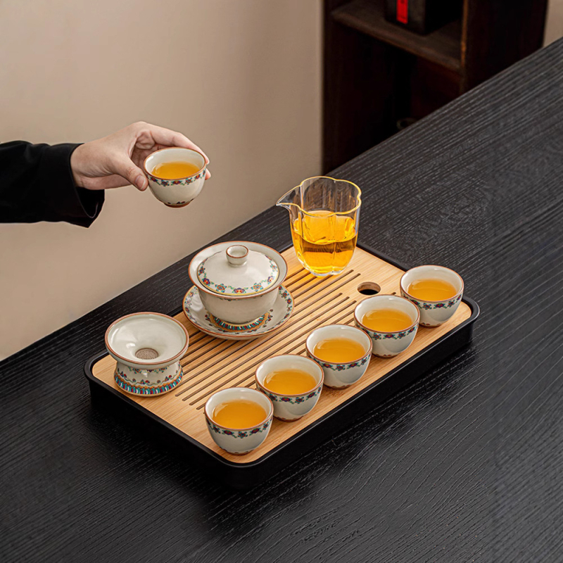 Set ceai ceramic Ru Kiln, model nou 2025, lux ușor retro pentru casă și birou, set complet pentru ceremonia ceaiului într-o cutie cadou, pentru 6–10 persoane