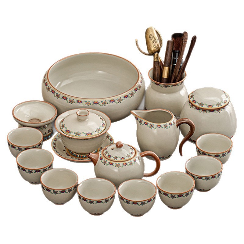 Set ceai ceramic Ru Kiln, model nou 2025, lux ușor retro pentru casă și birou, set complet pentru ceremonia ceaiului într-o cutie cadou, pentru 6–10 persoane