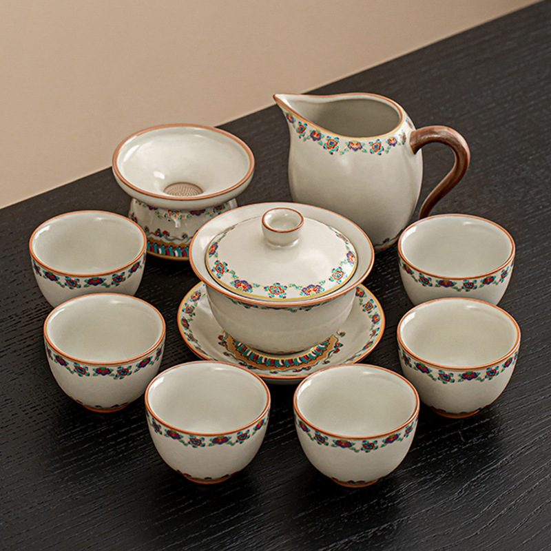 Set ceai ceramic Ru Kiln, model nou 2025, lux ușor retro pentru casă și birou, set complet pentru ceremonia ceaiului într-o cutie cadou, pentru 6–10 persoane