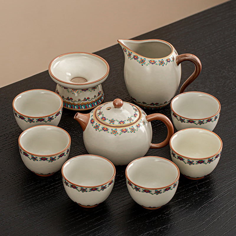 Set ceai ceramic Ru Kiln, model nou 2025, lux ușor retro pentru casă și birou, set complet pentru ceremonia ceaiului într-o cutie cadou, pentru 6–10 persoane