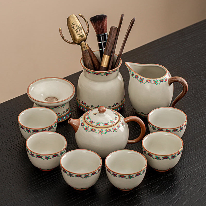 Set ceai ceramic Ru Kiln, model nou 2025, lux ușor retro pentru casă și birou, set complet pentru ceremonia ceaiului într-o cutie cadou, pentru 6–10 persoane