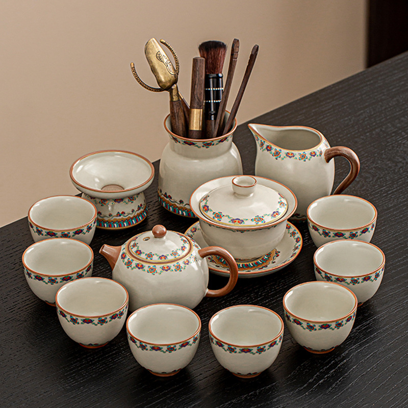 Set ceai ceramic Ru Kiln, model nou 2025, lux ușor retro pentru casă și birou, set complet pentru ceremonia ceaiului într-o cutie cadou, pentru 6–10 persoane