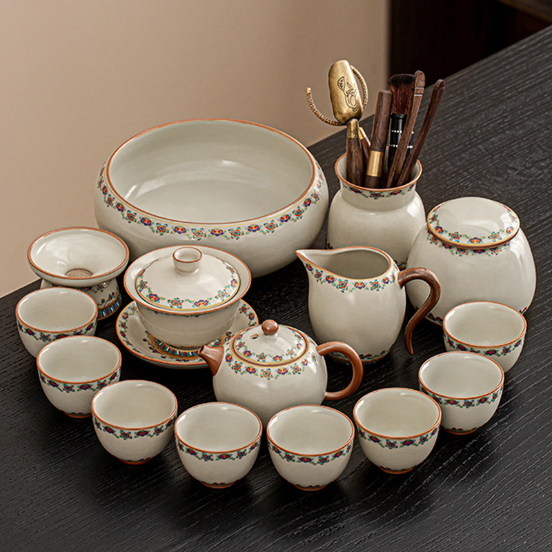 Set ceai ceramic Ru Kiln, model nou 2025, lux ușor retro pentru casă și birou, set complet pentru ceremonia ceaiului într-o cutie cadou, pentru 6–10 persoane