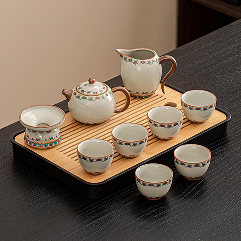 Set ceai ceramic Ru Kiln, model nou 2025, lux ușor retro pentru casă și birou, set complet pentru ceremonia ceaiului într-o cutie cadou, pentru 6–10 persoane