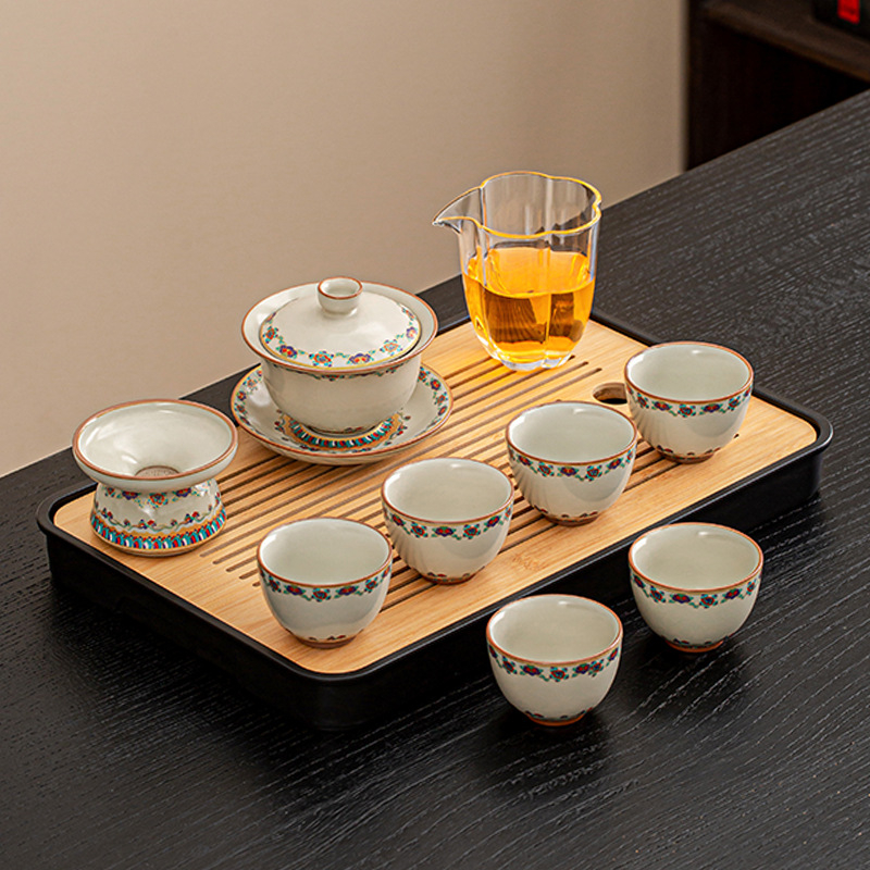 Set ceai ceramic Ru Kiln, model nou 2025, lux ușor retro pentru casă și birou, set complet pentru ceremonia ceaiului într-o cutie cadou, pentru 6–10 persoane