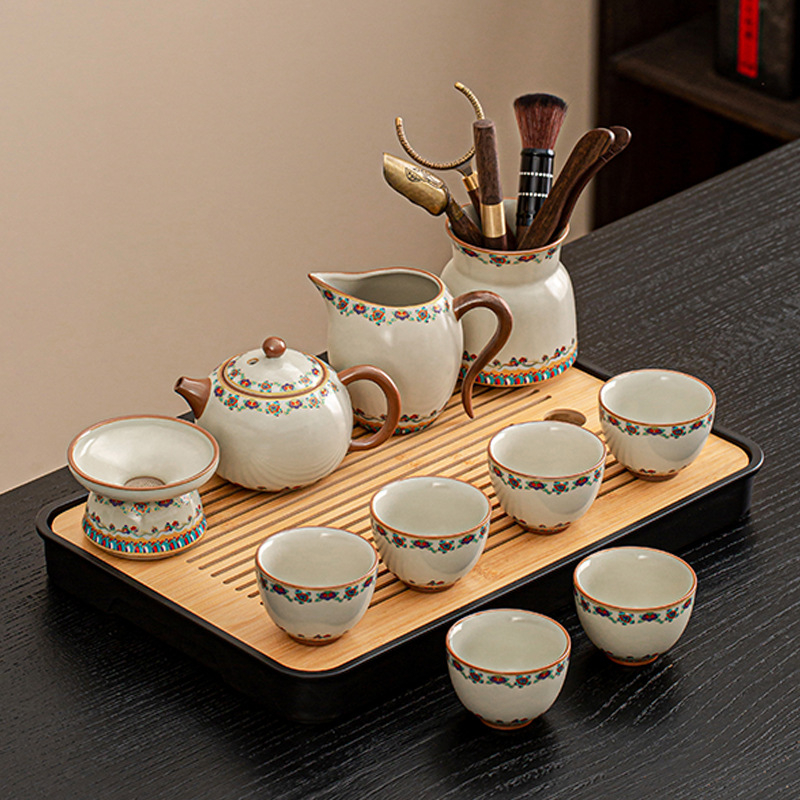 Set ceai ceramic Ru Kiln, model nou 2025, lux ușor retro pentru casă și birou, set complet pentru ceremonia ceaiului într-o cutie cadou, pentru 6–10 persoane