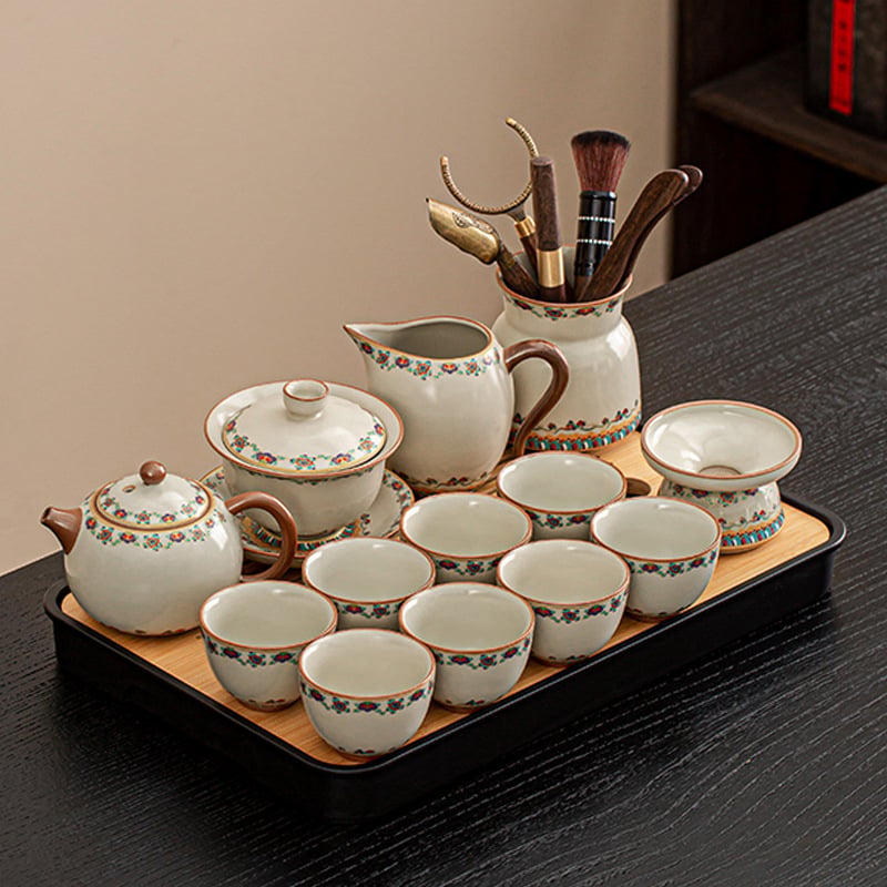 Set ceai ceramic Ru Kiln, model nou 2025, lux ușor retro pentru casă și birou, set complet pentru ceremonia ceaiului într-o cutie cadou, pentru 6–10 persoane