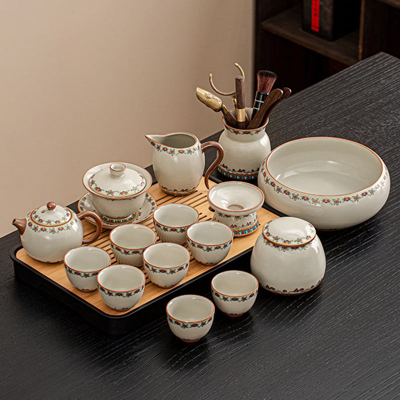 Set ceai ceramic Ru Kiln, model nou 2025, lux ușor retro pentru casă și birou, set complet pentru ceremonia ceaiului într-o cutie cadou, pentru 6–10 persoane