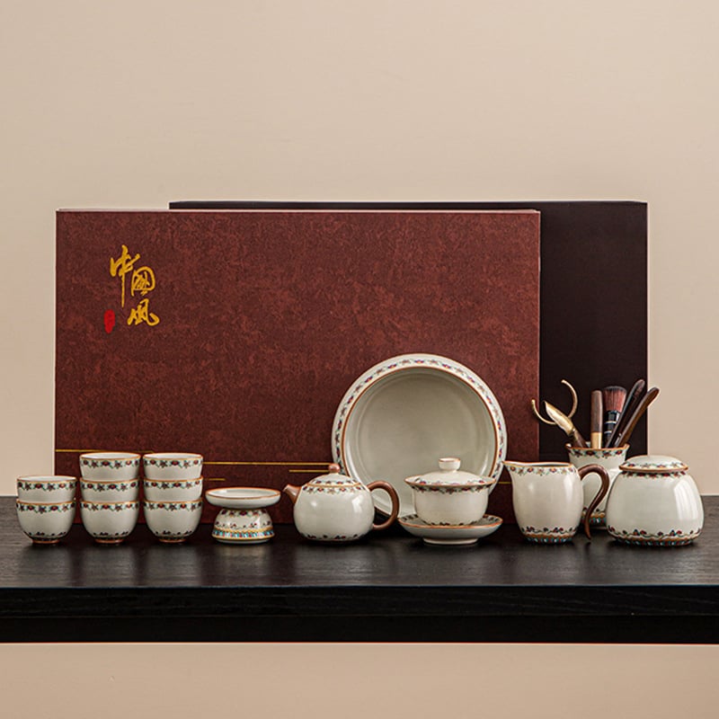 Set ceai ceramic Ru Kiln, model nou 2025, lux ușor retro pentru casă și birou, set complet pentru ceremonia ceaiului într-o cutie cadou, pentru 6–10 persoane