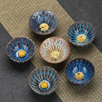 Set ceramic nou ars în cuptor: cești mari pentru gazdă și oaspete, cu inserții de aur și argint, formă neobișnuită, set creativ de ceai Kung Fu