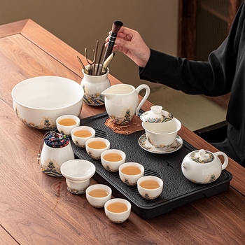 Set de ceai din porțelan alb ca jadul, cu ceainic și cești, ceramică, cutie cadou elegantă, stil minimalist modern, pentru 3–5 persoane