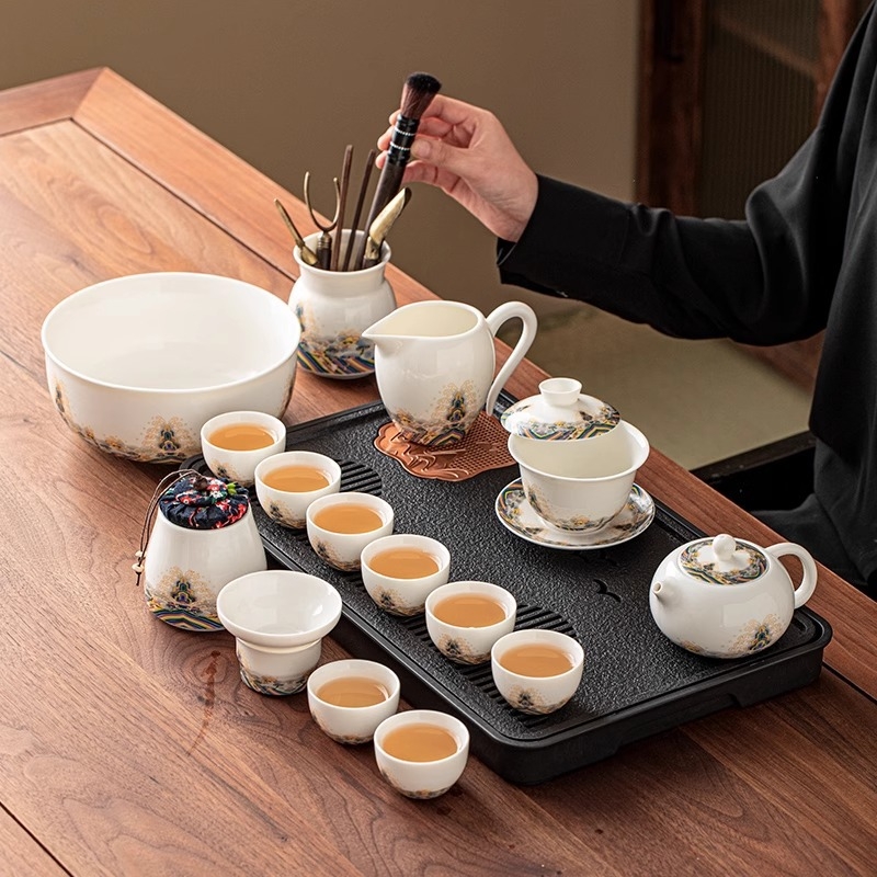 Set de ceai din porțelan alb ca jadul, cu ceainic și cești, ceramică, cutie cadou elegantă, stil minimalist modern, pentru 3–5 persoane