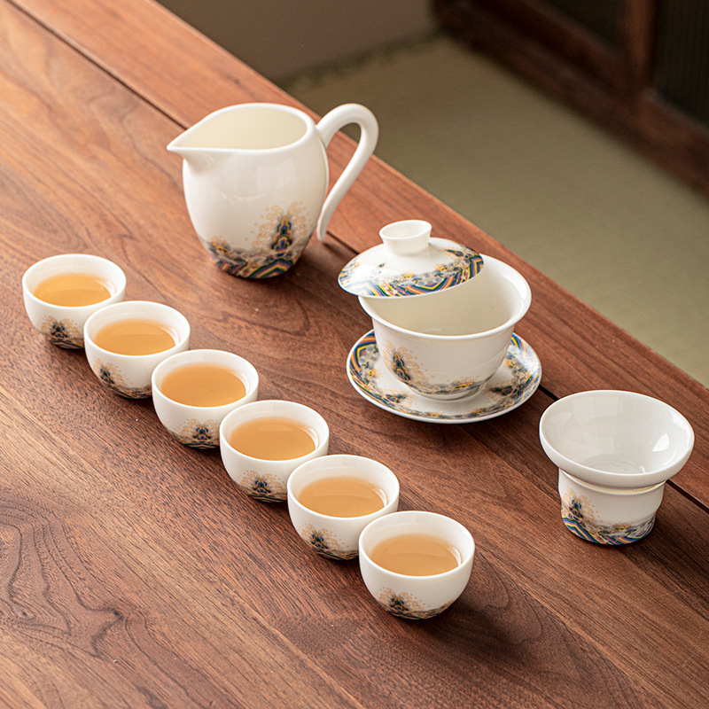 Set de ceai din porțelan alb ca jadul, cu ceainic și cești, ceramică, cutie cadou elegantă, stil minimalist modern, pentru 3–5 persoane