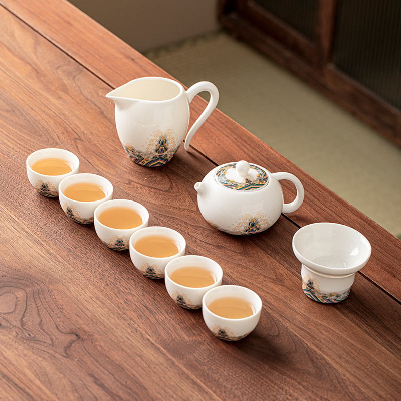 Set de ceai din porțelan alb ca jadul, cu ceainic și cești, ceramică, cutie cadou elegantă, stil minimalist modern, pentru 3–5 persoane