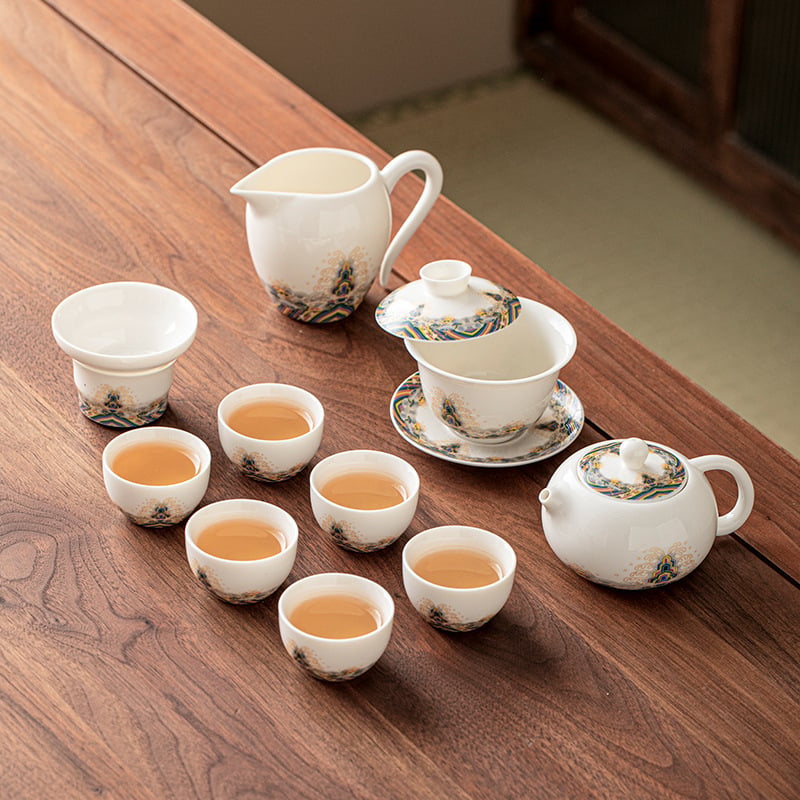 Set de ceai din porțelan alb ca jadul, cu ceainic și cești, ceramică, cutie cadou elegantă, stil minimalist modern, pentru 3–5 persoane