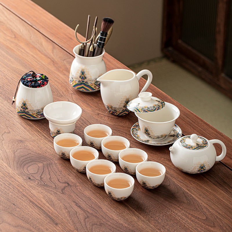 Set de ceai din porțelan alb ca jadul, cu ceainic și cești, ceramică, cutie cadou elegantă, stil minimalist modern, pentru 3–5 persoane