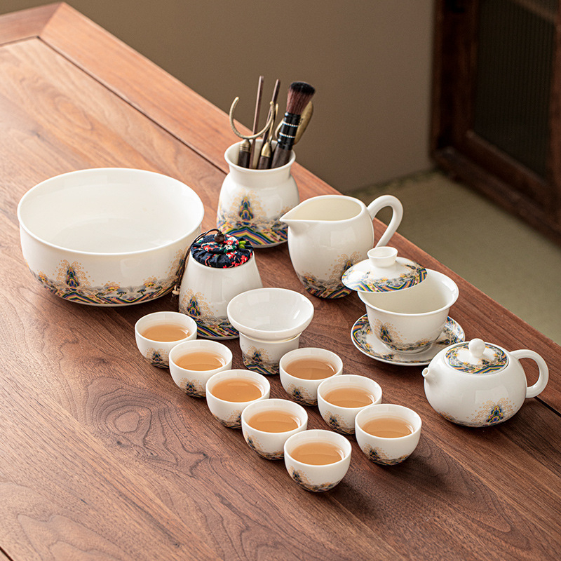 Set de ceai din porțelan alb ca jadul, cu ceainic și cești, ceramică, cutie cadou elegantă, stil minimalist modern, pentru 3–5 persoane