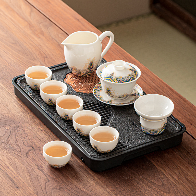 Set de ceai din porțelan alb ca jadul, cu ceainic și cești, ceramică, cutie cadou elegantă, stil minimalist modern, pentru 3–5 persoane