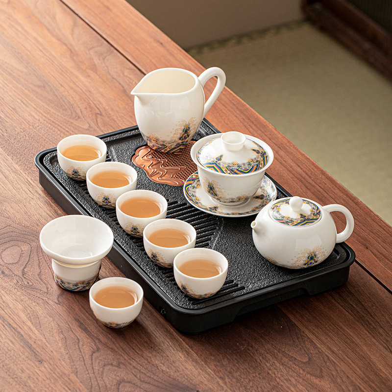 Set de ceai din porțelan alb ca jadul, cu ceainic și cești, ceramică, cutie cadou elegantă, stil minimalist modern, pentru 3–5 persoane