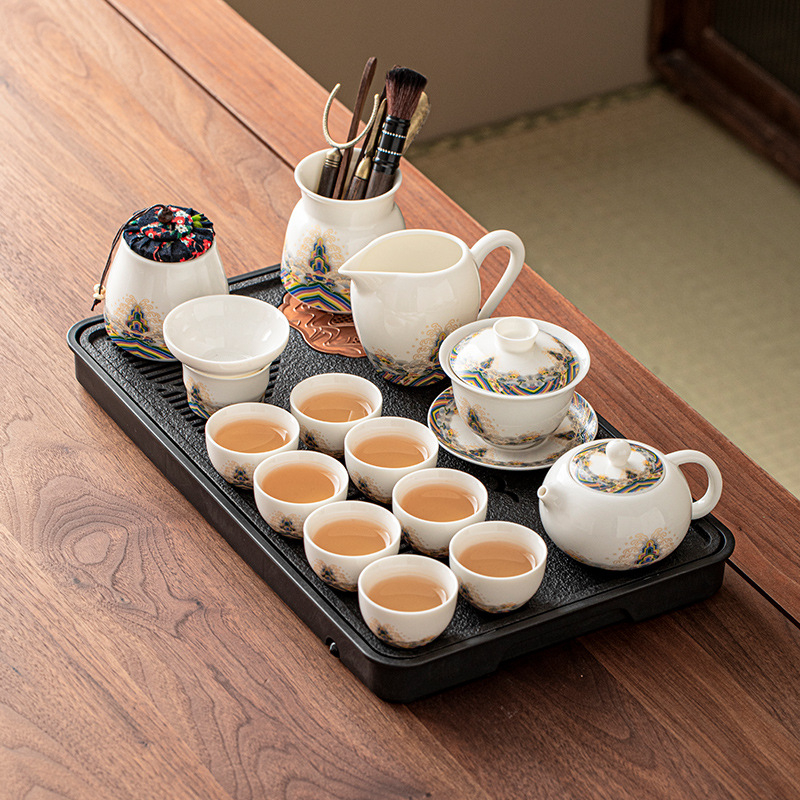 Set de ceai din porțelan alb ca jadul, cu ceainic și cești, ceramică, cutie cadou elegantă, stil minimalist modern, pentru 3–5 persoane
