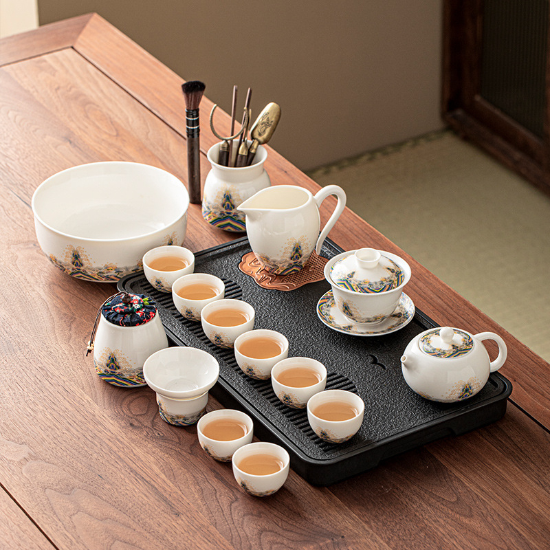 Set de ceai din porțelan alb ca jadul, cu ceainic și cești, ceramică, cutie cadou elegantă, stil minimalist modern, pentru 3–5 persoane