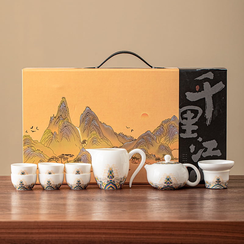 Set de ceai din porțelan alb ca jadul, cu ceainic și cești, ceramică, cutie cadou elegantă, stil minimalist modern, pentru 3–5 persoane