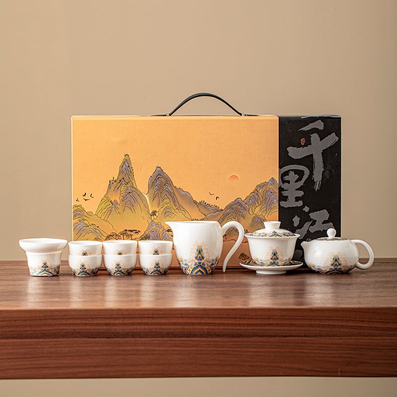 Set de ceai din porțelan alb ca jadul, cu ceainic și cești, ceramică, cutie cadou elegantă, stil minimalist modern, pentru 3–5 persoane