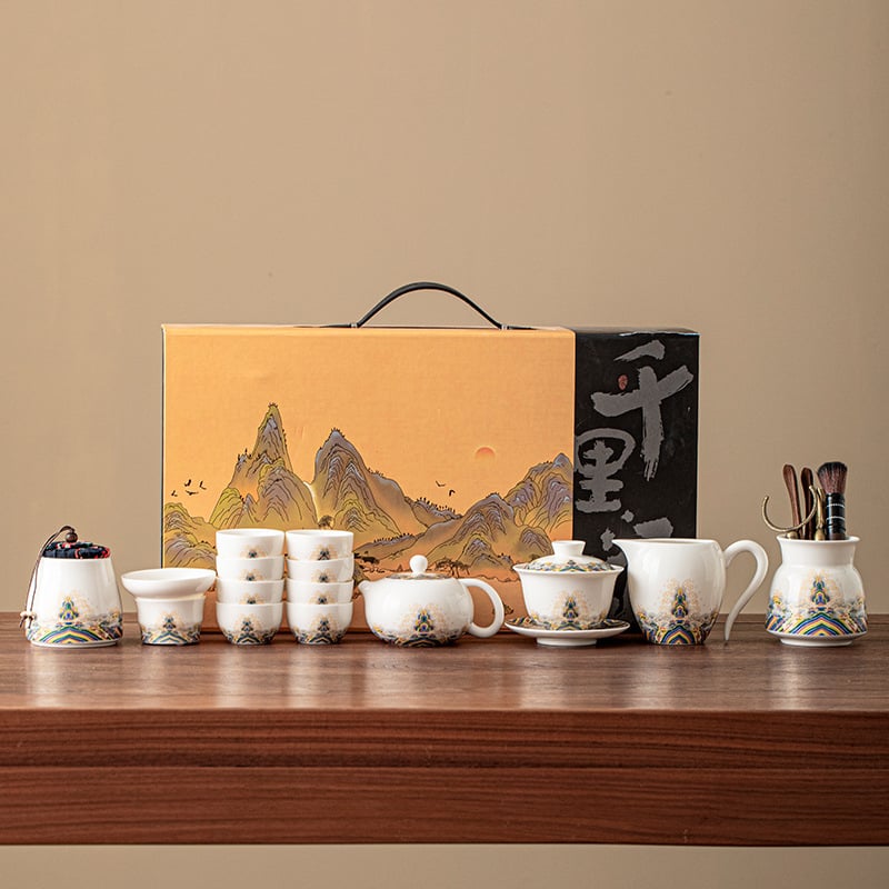 Set de ceai din porțelan alb ca jadul, cu ceainic și cești, ceramică, cutie cadou elegantă, stil minimalist modern, pentru 3–5 persoane