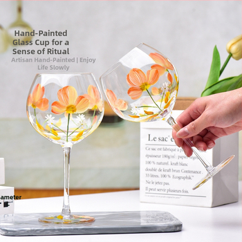 Pahar de vin roșu din sticlă pictat manual, pahar de degustare cu design colorat, cu picior înalt, pentru uz casnic.