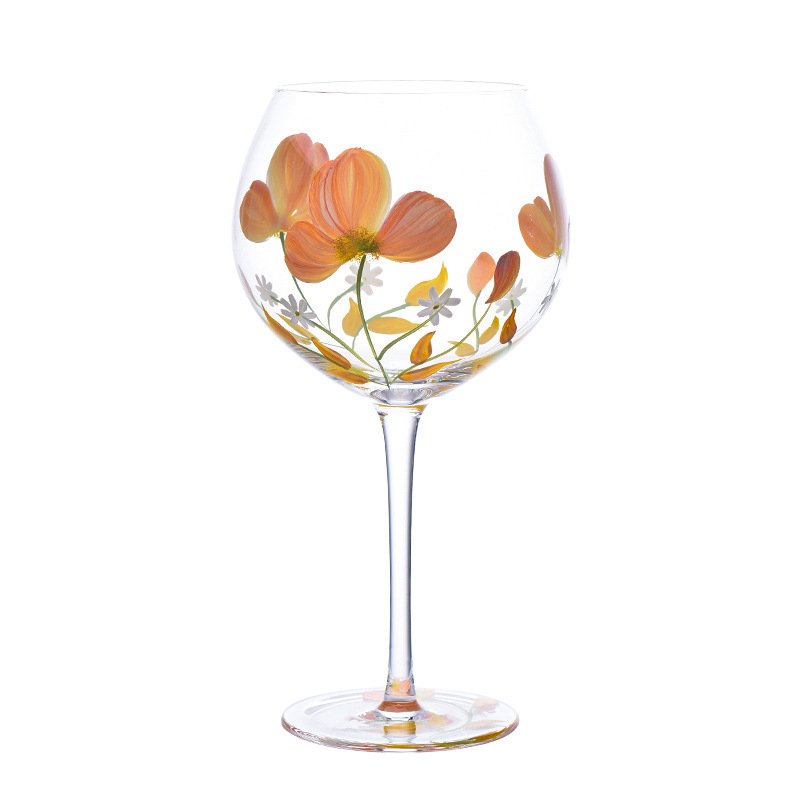 Pahar de vin roșu din sticlă pictat manual, pahar de degustare cu design colorat, cu picior înalt, pentru uz casnic.