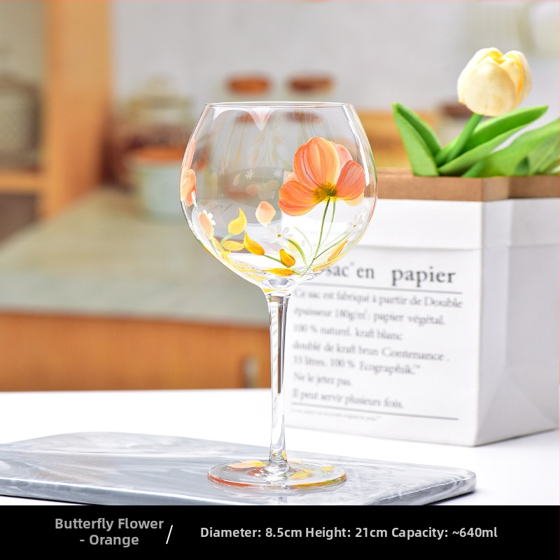 Pahar de vin roșu din sticlă pictat manual, pahar de degustare cu design colorat, cu picior înalt, pentru uz casnic.