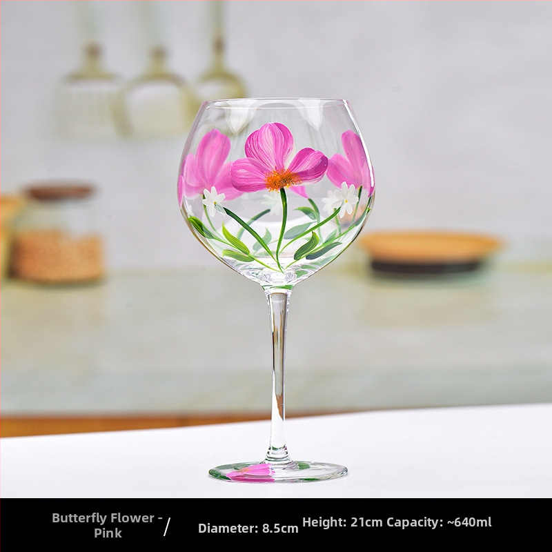 Pahar de vin roșu din sticlă pictat manual, pahar de degustare cu design colorat, cu picior înalt, pentru uz casnic.