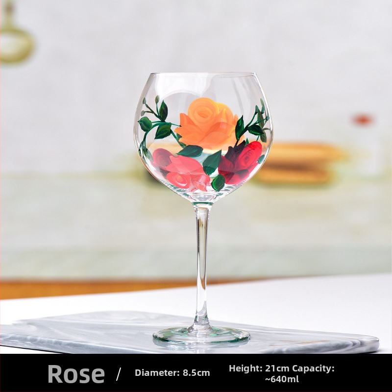 Pahar de vin roșu din sticlă pictat manual, pahar de degustare cu design colorat, cu picior înalt, pentru uz casnic.