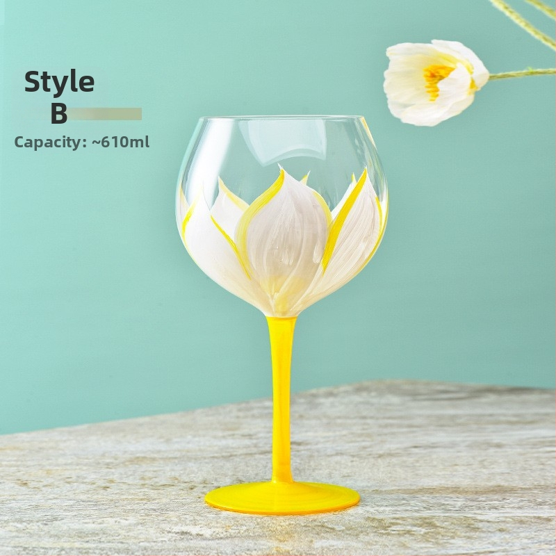 Pahar de vin roșu din sticlă pictat manual, pahar de degustare cu design colorat, cu picior înalt, pentru uz casnic.