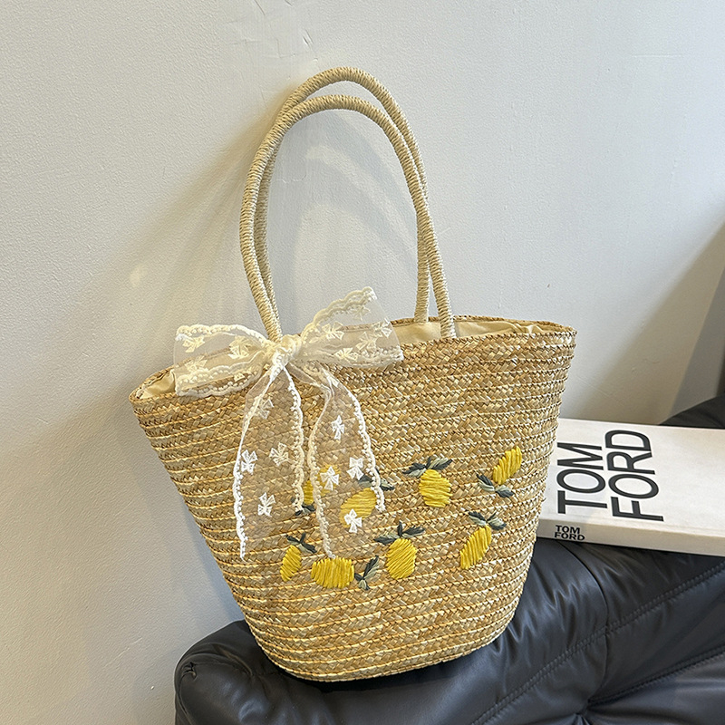 Slamnata bucket torba za žene, s izvezenim uzorkom limun-mango-ananas, svakodnevna torba za rameno