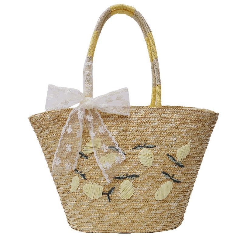 Slamnata bucket torba za žene, s izvezenim uzorkom limun-mango-ananas, svakodnevna torba za rameno