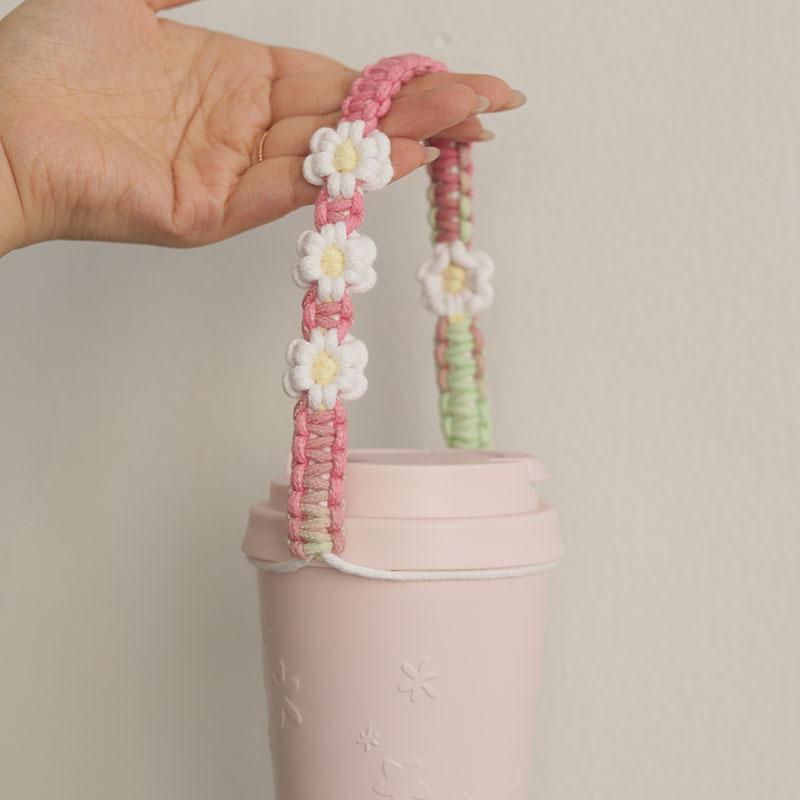 Pahar din plastic cu design floral gradient, brățară de încheietură țesută manual, husă din plasă pentru pahar cu șnur pentru cafea