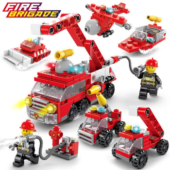 Έξι σε ένα Lego-συμβατό σετ κατασκευών για παιδιά: θέματα πυροσβεστικής, αστυνομίας, στρατιωτικής μηχανικής και τανκ