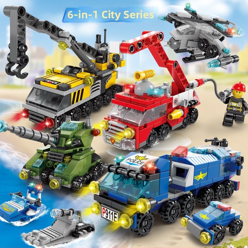 Šesť v jednom: Lego-kompatibilné stavebnice pre deti s témami hasičov, polície, vojenskej inžinierie a tanku