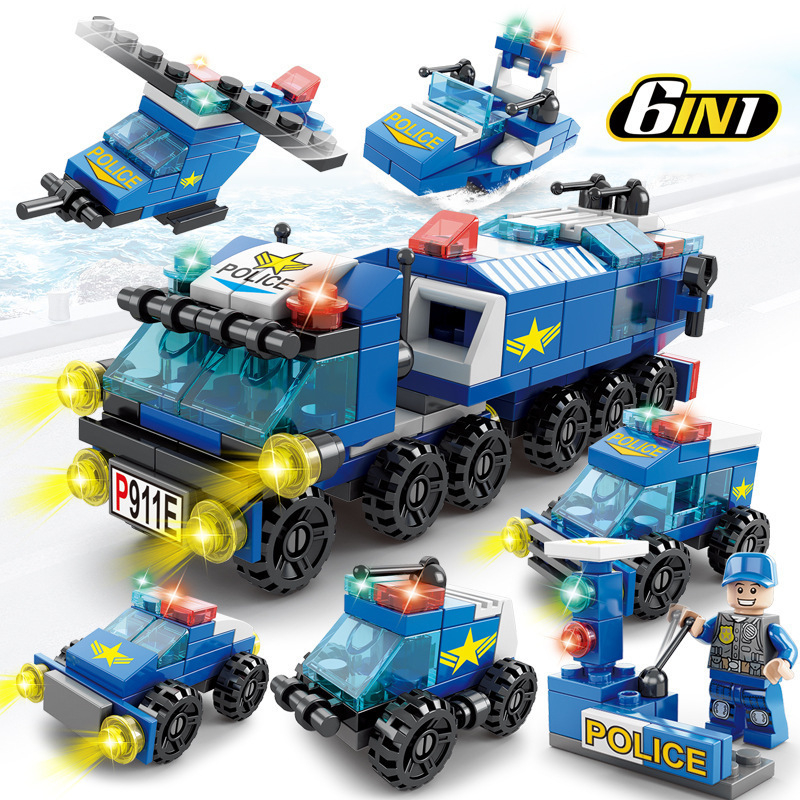 Έξι σε ένα Lego-συμβατό σετ κατασκευών για παιδιά: θέματα πυροσβεστικής, αστυνομίας, στρατιωτικής μηχανικής και τανκ