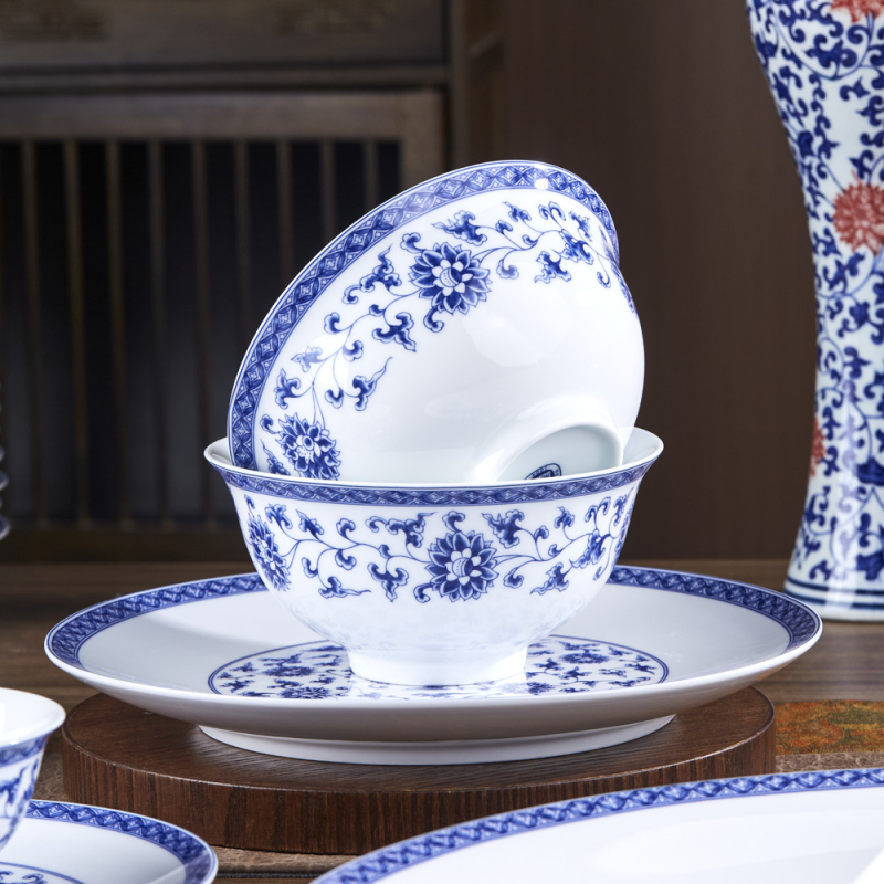 Bol ceramic pentru orez, stil național, porțelan albastru și alb, veselă ceramică elegantă