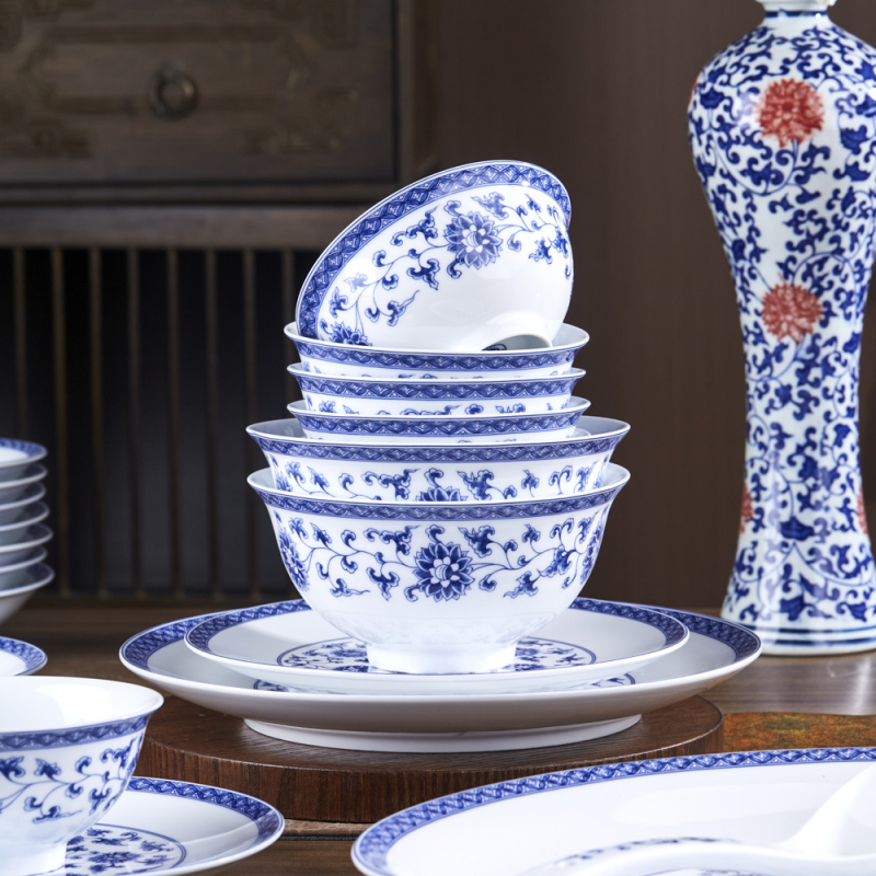 Bol ceramic pentru orez, stil național, porțelan albastru și alb, veselă ceramică elegantă